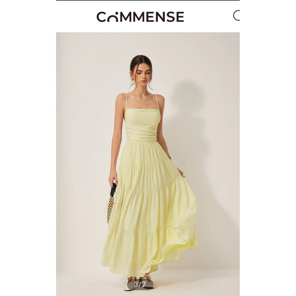 NWT COMMENSE Yellow Pleated Backless Tiered Cami Maxi Dress Size L - Picture 3 of 7